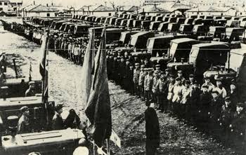 North Korea's last agricultural investment in 1953, featuring tractors.