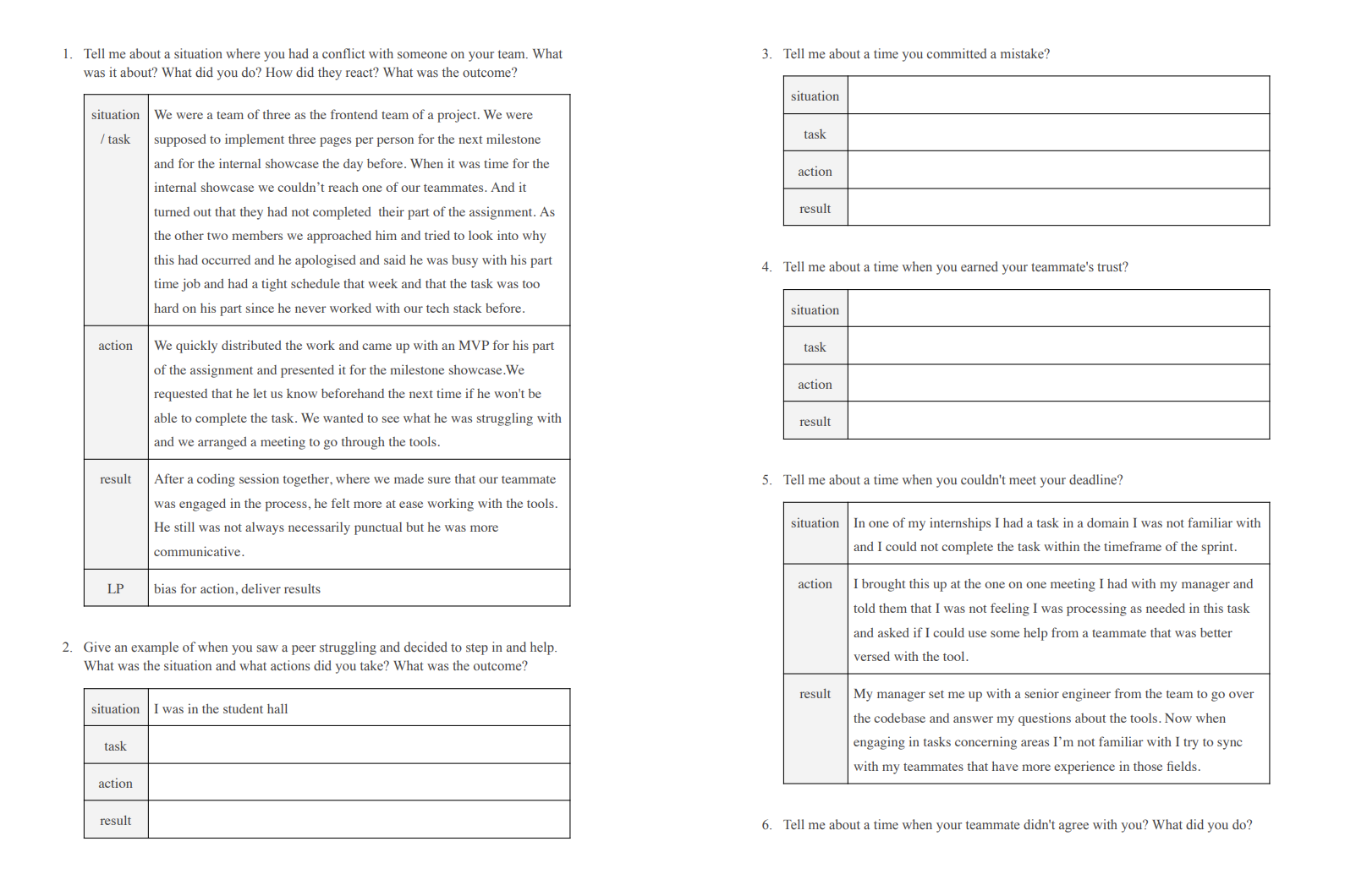 Two pages showing behavioral questions. Some are answered in the star format while some are left blank