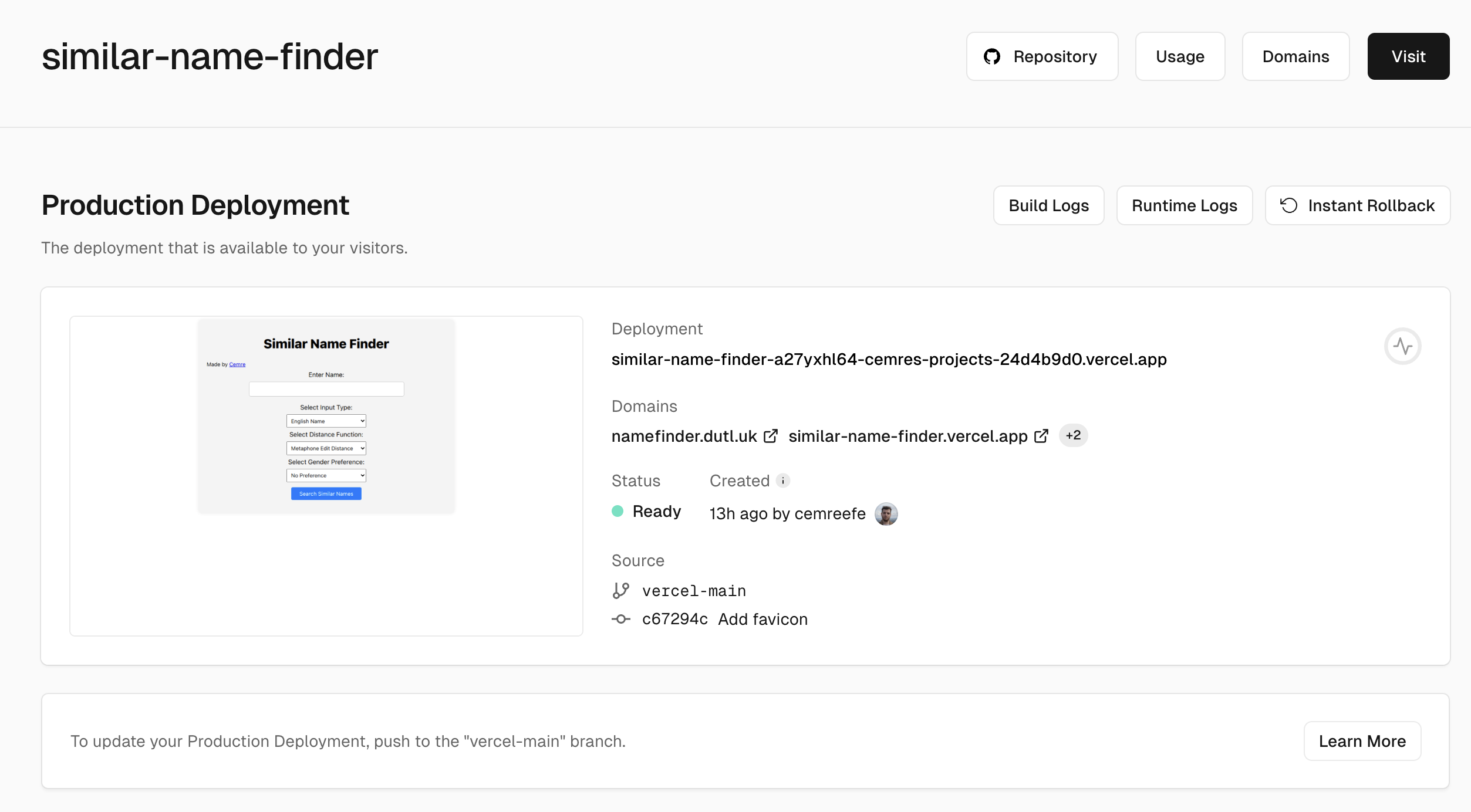 Vercel dashboard example showing live preview, domains, settings