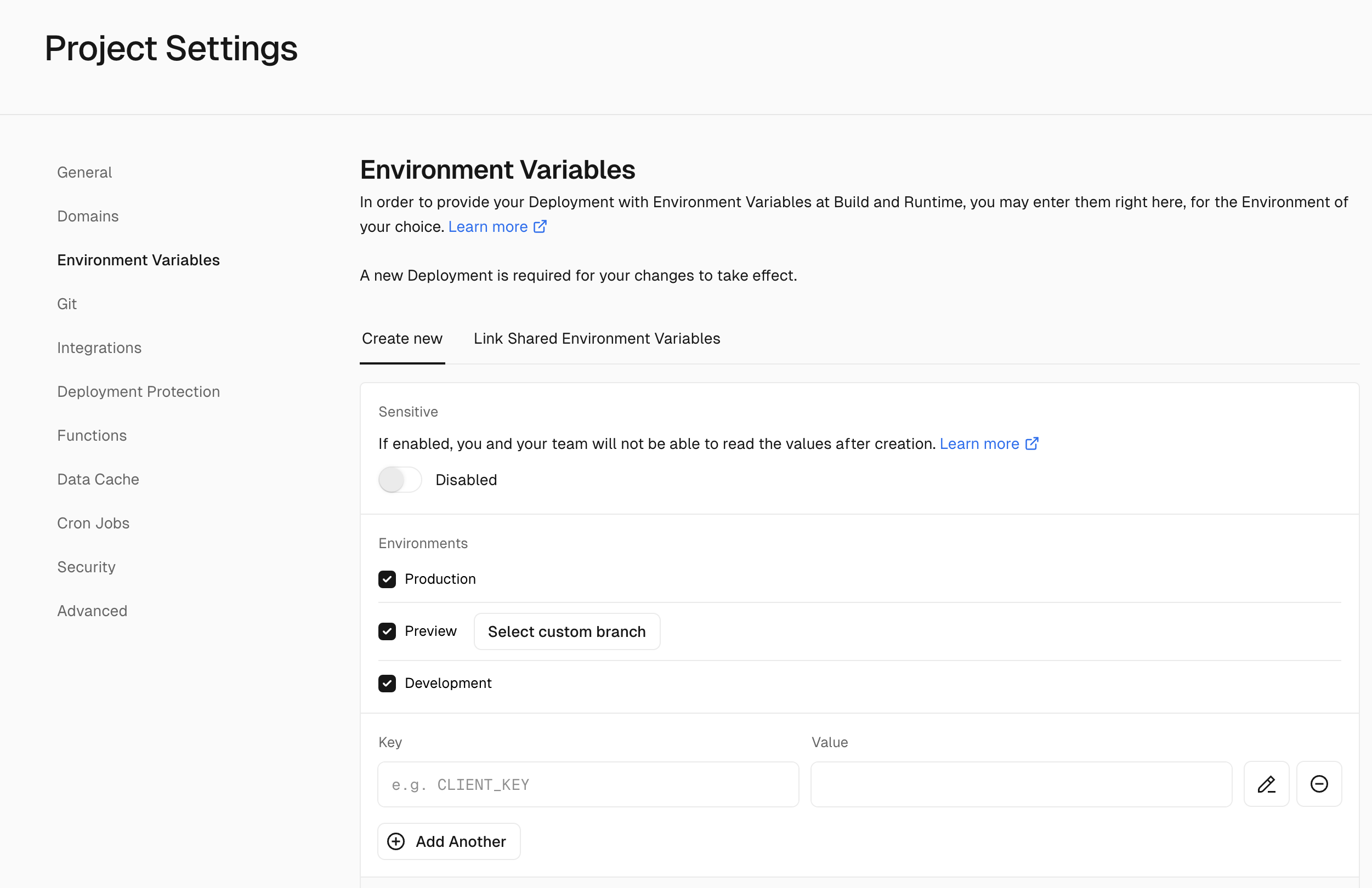 Environment variables view on Vercel