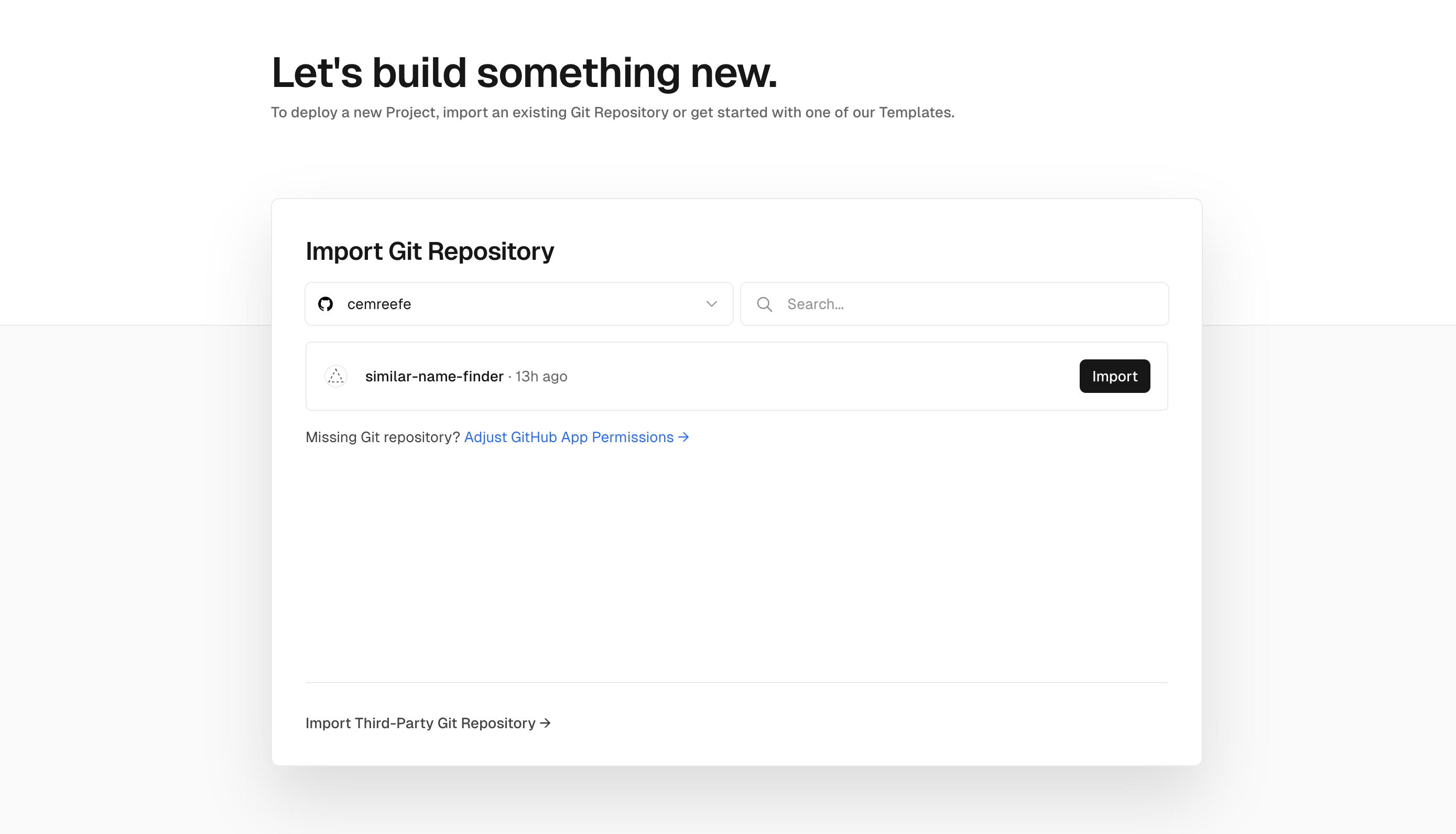 Vercel view priompting user to import a project via github