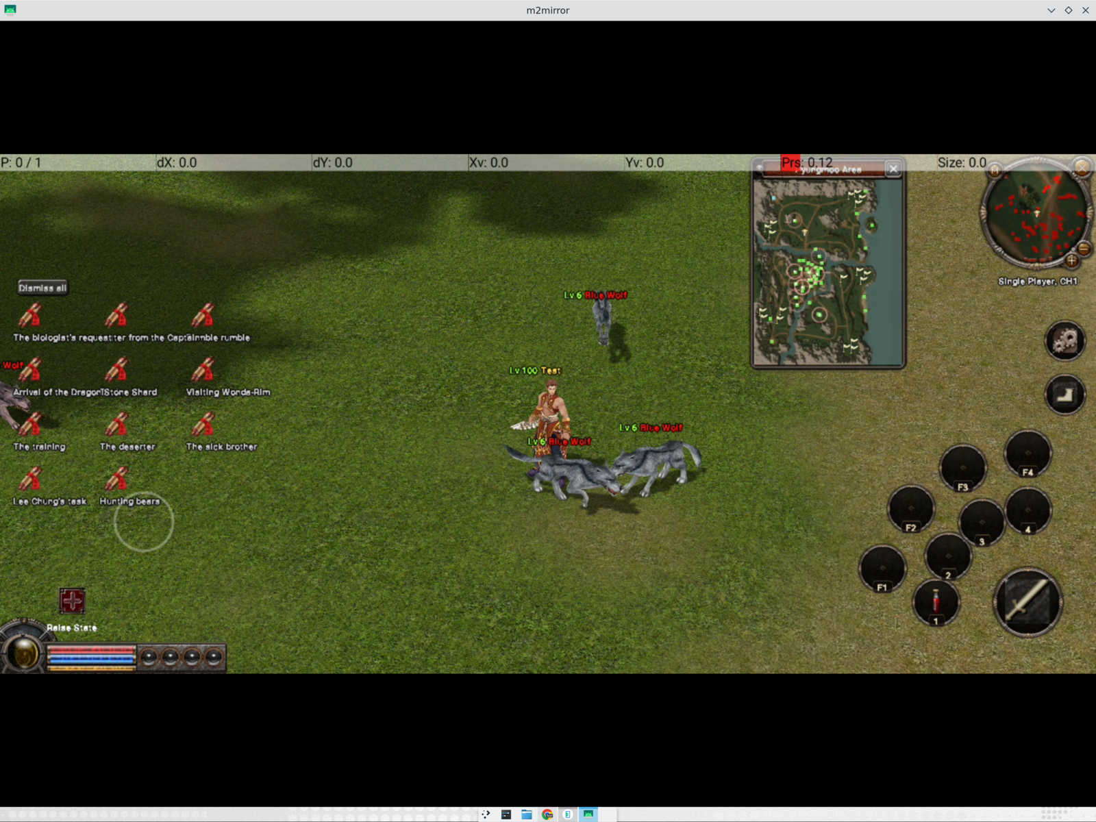 Metin2 running with the mobile HUD, minimap, floating joystick and touch controls